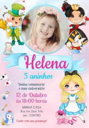 Convite Aniversário Alice no País das Maravilhas para Editar