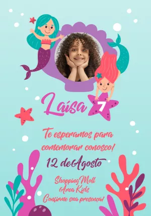 Convite de Aniversário Sereia com Foto para Editar Online