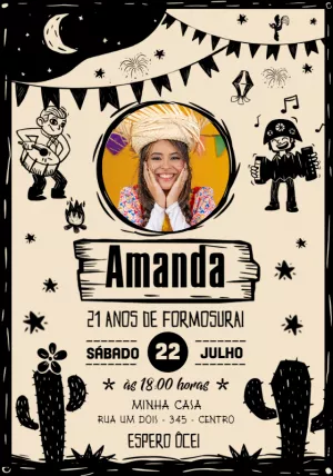 Convite Aniversário Festa Junina Cordel com Foto para Editar