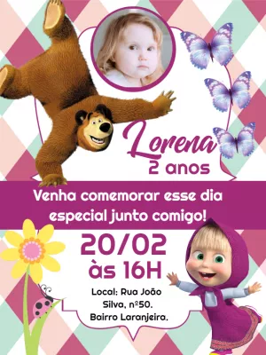 Convite Aniversário Masha e o Urso com Foto para Editar Online