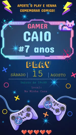 Convite de Aniversário Gamer com Controles para Editar Online