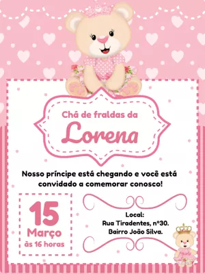 Convite Chá de Fraldas Ursinha Princesa para Editar Online