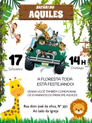 Convite de Aniversário Safari com Animais para Editar Online