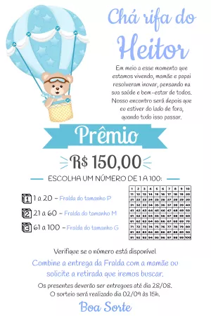 Convite Chá Rifa Ursinho Baloeiro para Editar Online