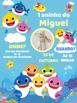 Convite Aniversário Baby Shark com Foto para Editar Online