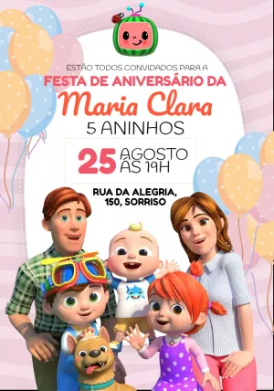 Convite Aniversário Cocomelon com a Turma para Editar Online