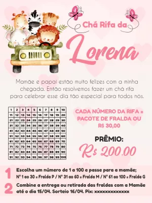 Convite Chá Rifa Safari Menina Editável Online