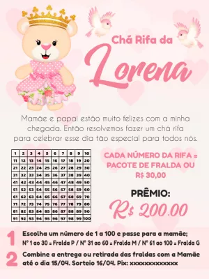 Chá Rifa Ursinha Princesa Editável Online para Imprimir