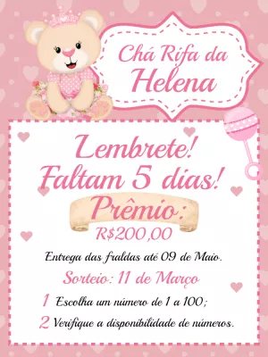 Lembrete Chá Rifa Ursinha Princesa para Editar Online