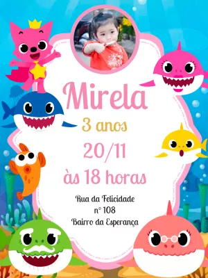 Convite de Aniversário Baby Shark com Foto para Editar Online