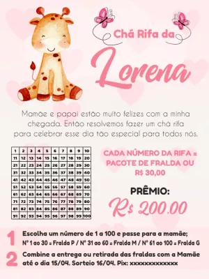 Convite Chá Rifa Girafinha Fofa para Editar Online