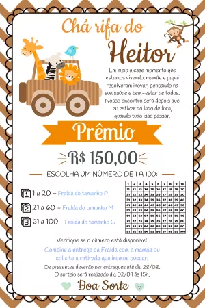 Convite Chá Rifa Safari com Animais para Editar Online
