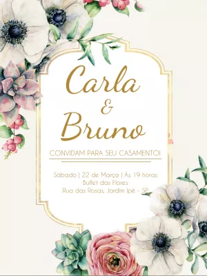 Convite de Casamento Floral Branco e Dourado para Editar