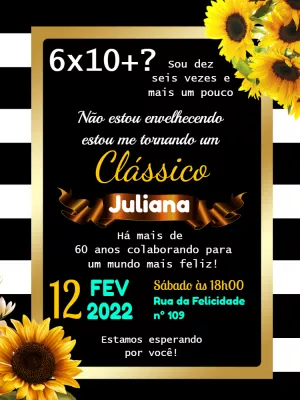 Convite de Aniversário Adulto Girassol Clássico para Editar