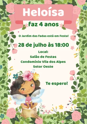 Convite Aniversário Jardim das Fadas para Editar Online