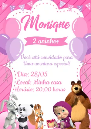 Convite Aniversário Masha e o Urso Rosa para Editar Online