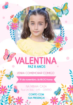 Convite de Aniversário Borboletas com Foto para Editar Online
