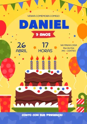 Convite de Aniversário com Bolo e Balões para Editar Online