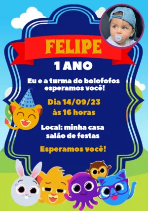 Convite Aniversário Bolofofos com Foto para Editar Online
