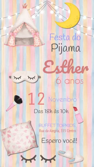 Convite Aniversário Festa do Pijama com Tenda para Editar Online