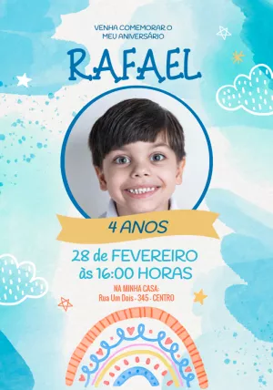 Convite de Aniversário Arco-Íris com Foto para Editar Online