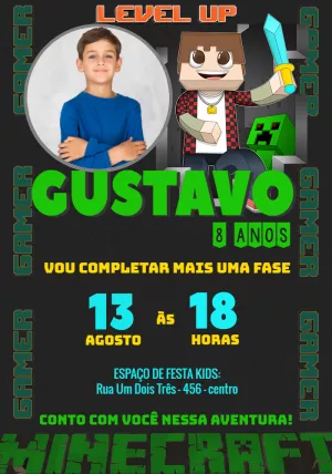Convite Aniversário Minecraft com Foto para Editar Online