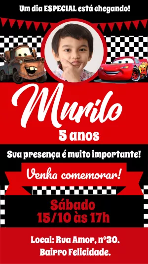 Convite de Aniversário Carros com Foto para Editar Online