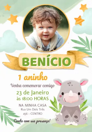 Convite Aniversário Rinoceronte Baby com Foto para Editar
