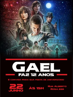 Convite Aniversário Stranger Things com Personagens para Editar
