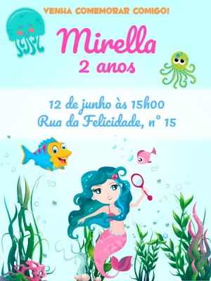 Convite de Aniversário Sereia Fundo do Mar para Editar Online