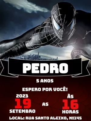 Convite Aniversário Homem Aranha Preto para Editar Online