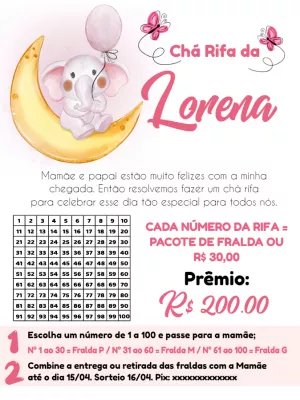 Convite Chá Rifa Elefantinho na Lua para Editar Online