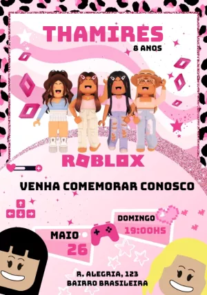 Convite de Aniversário Roblox Menina com Avatares para Editar