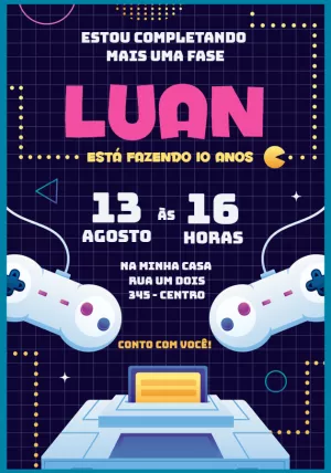 Convite de Aniversário Gamer Retrô para Editar e Imprimir