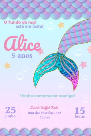 Convite Aniversário Sereia Fundo do Mar para Editar Online