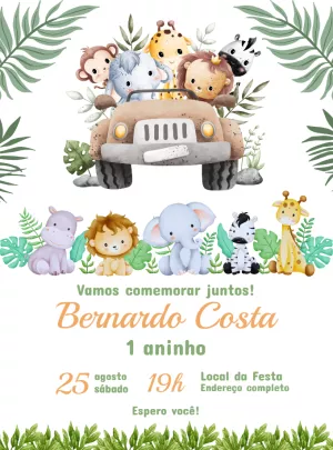 Convite Aniversário Safari com Animais Fofos para Editar Online