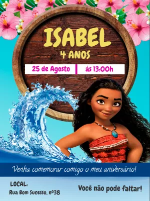 Convite Aniversário Moana Editável Online para Festa Infantil