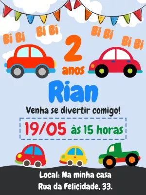 Convite de Aniversário Carrinhos Coloridos para Editar Online