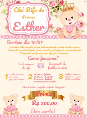 Convite Chá Rifa Ursinha Princesa Delicado para Editar Online
