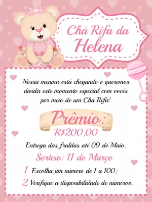 Convite Chá Rifa Ursinha Princesa para Editar Online