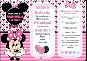 Menu de Mesa Aniversário Minnie Mouse Rosa para Editar Online