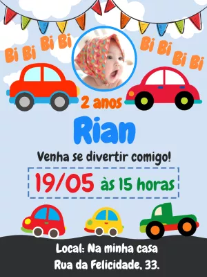 Convite Aniversário Carrinhos com Foto para Editar Online