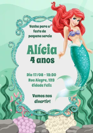 Convite Aniversário Pequena Sereia para Editar Online