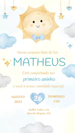 Convite Aniversário Raio de Sol Aquarela para Editar Online