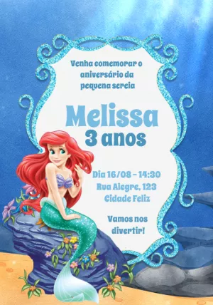 Convite de Aniversário Pequena Sereia Ariel para Editar