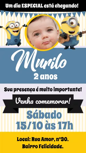 Convite de Aniversário Minions com Foto para Editar Online