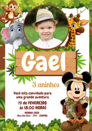 Convite Aniversário Mickey Safari com Foto para Editar Online