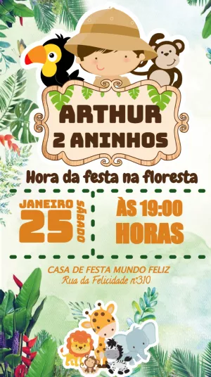Convite de Aniversário Safari com Animais para Editar Online