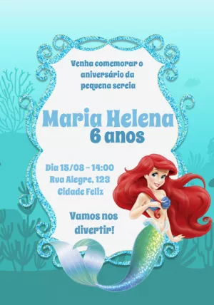Convite Aniversário Pequena Sereia Ariel para Editar Online