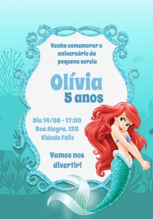 Convite Aniversário Pequena Sereia para Editar Online